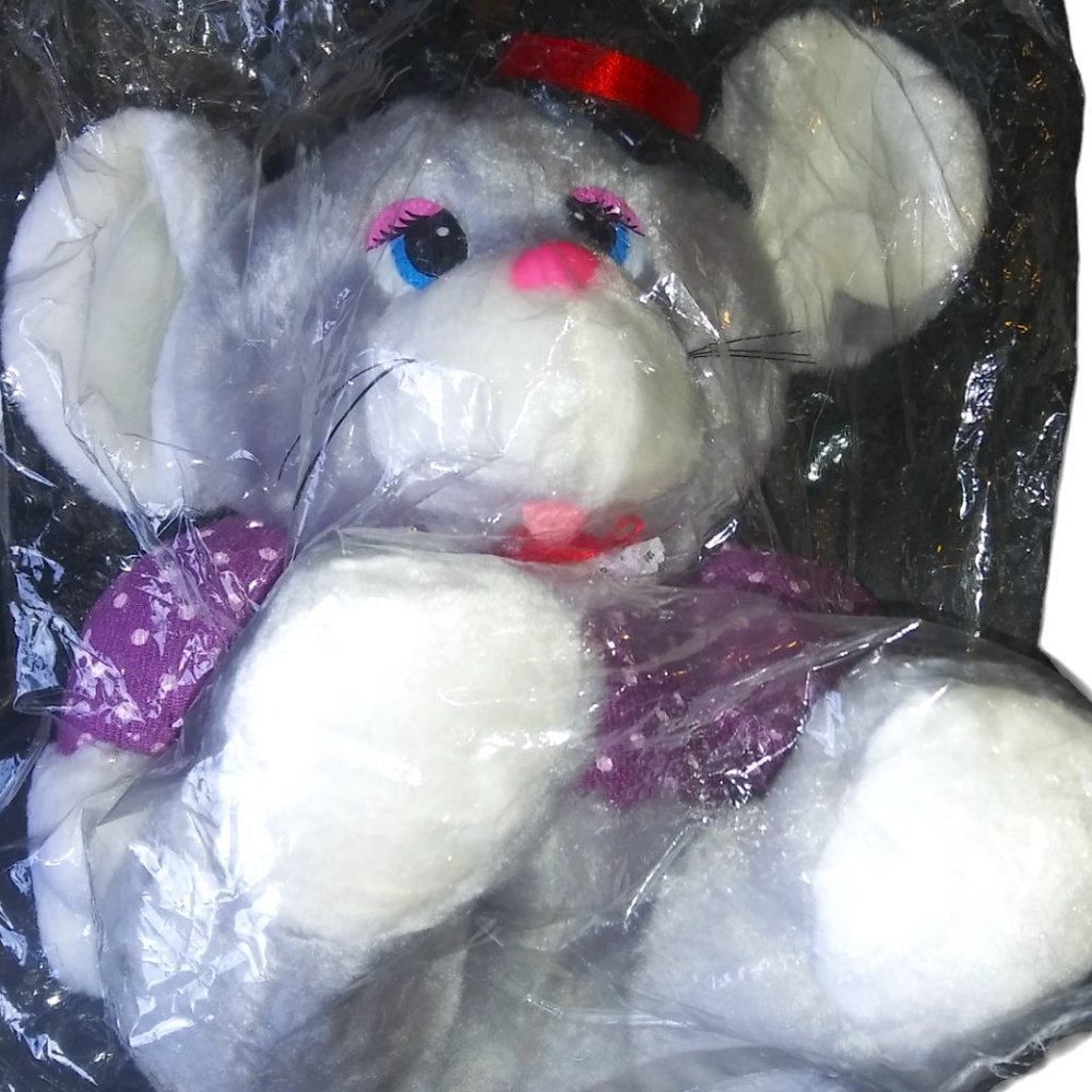 VTG Pink Nose Stuffed Animal Gray Mouse in Top Hat Stuffed Plush Toy Tri Chem